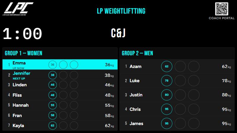 Rackcall's Coach/Run screen showing two lifting groups side by side